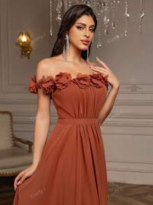 Off-Shoulder Three-Dimensional Floral Appliques Chiffon Ball Gown, Party Dress, Wedding Guest Dress, Prom Dress