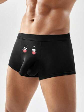 男士可爱表情印花内裤针织平角裤高弹力纯色休闲时尚内裤