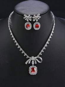 1 Conjunto de 3 piezas de joyería de lujo con diseño de lazo con circonita cúbica, collar y pendientes adecuados para fiesta de noche, accesorio de collar personalizado a juego con vestido de noche, boda, día de San Valentín, regalo para mamá, Día de la Madre