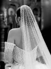 1 chiếc khăn voan cô dâu dài một lớp bằng vải tuyn đính ngọc trai giả, khăn voan dài chạm sàn kiểu nhà thờ dành cho nữ, phụ kiện mùa thu cho nữ, phụ kiện ngày Valentine - ngà voi - Xem 12