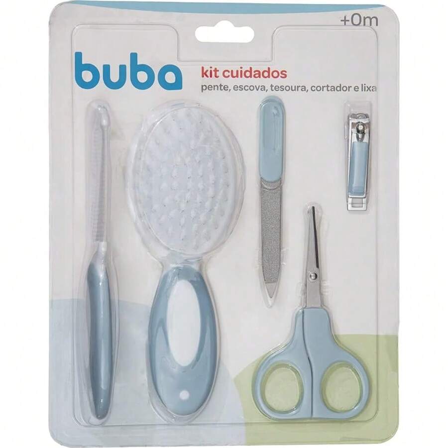 Kit Higiene Cuidados Bebê 5 Peças Pente Escova Cortador Lixa Tesoura Azul Buba