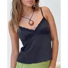 Women's V-Neck Lace Trim Camisole Spaghetti Strap Peplum Crop Tank Tops Loose Sleeveless Ruffle Hem Vest Shirts - 黑色 - 查看 3