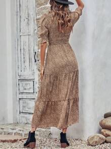 Women Casual Summer Crew Neck Ruffle Short Sleeve Floral Print Polka Dots Smocked Dress Button Keyhole Back Spring Boho Bohemia Tropical Flowy Beach Holiday Vacation Valentine Long Maxi Dress - 棕色波點 - 查看 2