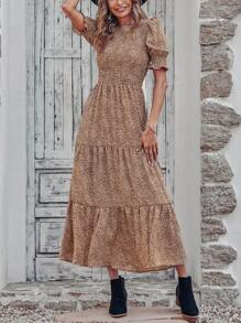 Women Casual Summer Crew Neck Ruffle Short Sleeve Floral Print Polka Dots Smocked Dress Button Keyhole Back Spring Boho Bohemia Tropical Flowy Beach Holiday Vacation Valentine Long Maxi Dress - 棕色波點 - 查看 1