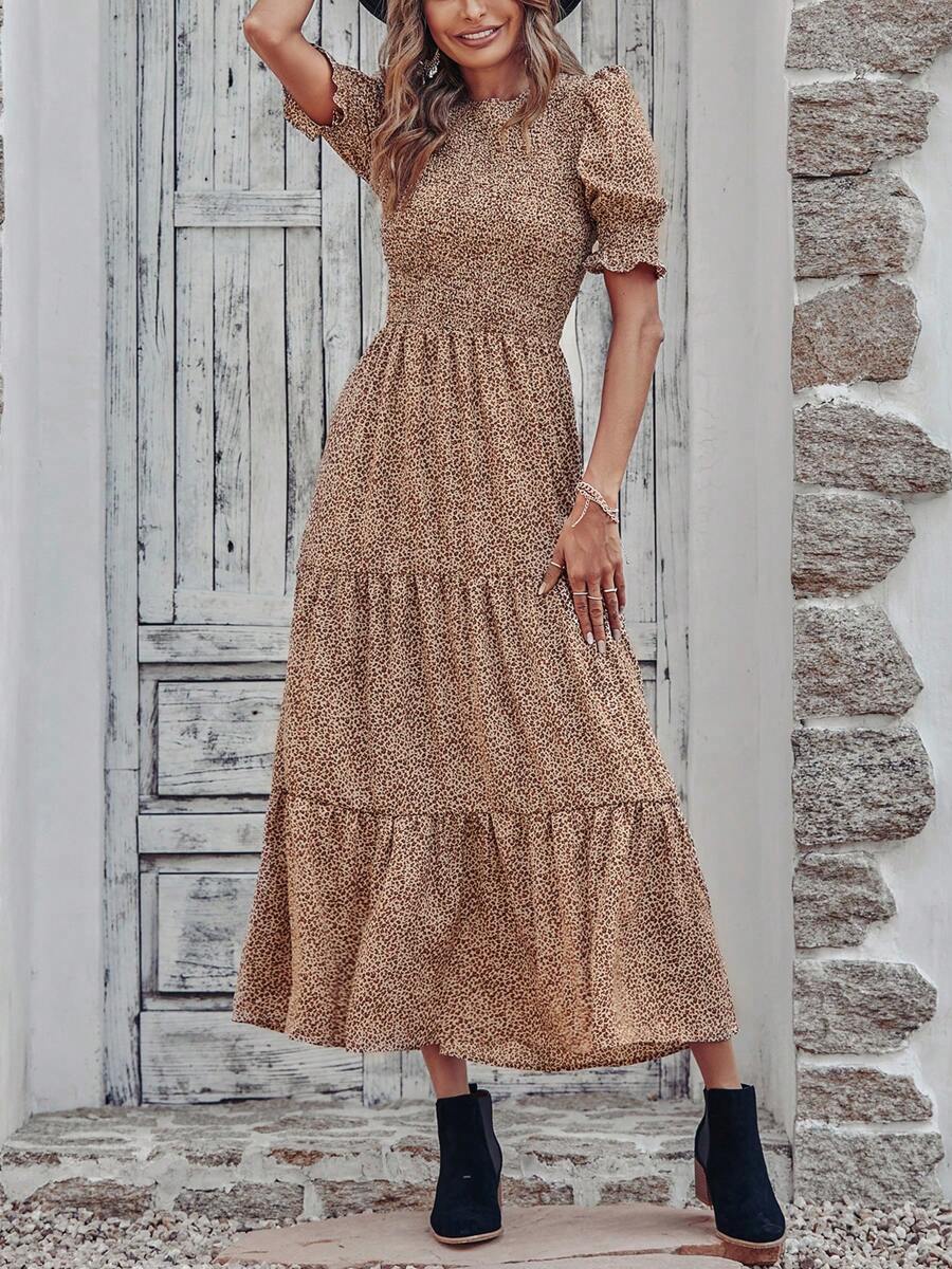 Women Casual Summer Crew Neck Ruffle Short Sleeve Floral Print Polka Dots Smocked Dress Button Keyhole Back Spring Boho Bohemia Tropical Flowy Beach Holiday Vacation Valentine Long Maxi Dress - 棕色波點 - 查看 1