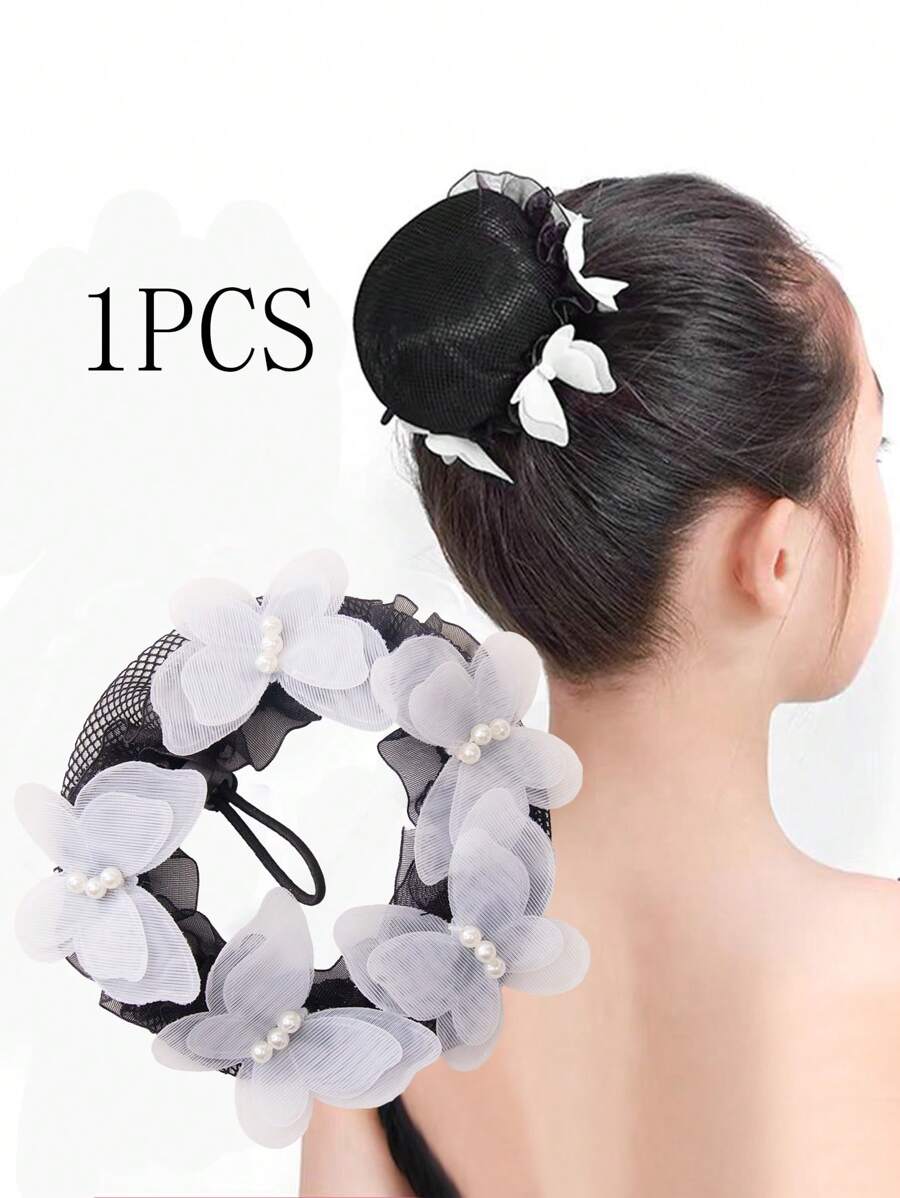 1pc Girl's Dance Class Bun Cover, White Rhinestone Butterfly Hair Net With Drawstring, Suitable For Dance Performance Or Exams - White - View 1