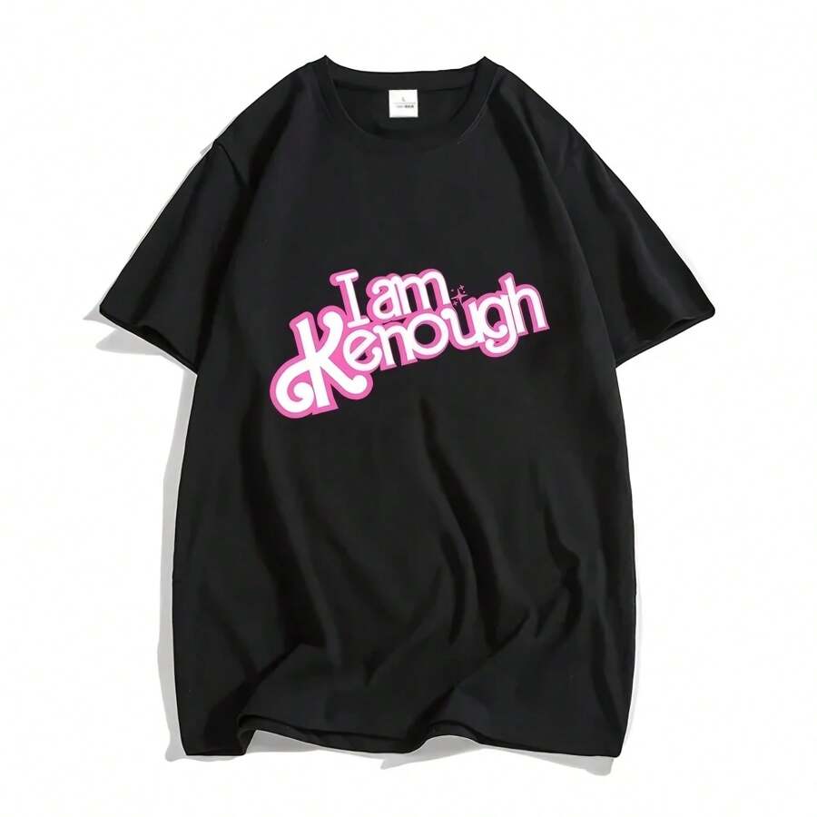 Camisetas Barbiee de color rosa intenso con la frase "I Am Kenough Barbenheimer", 100 % algodón, camisetas holgadas de verano con gráficos, ropa informal con cuello redondo