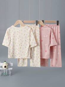 4pcs Girls Lightweight 3/4 Sleeve Pajama Set, Cartoon Cat & Rabbit Print Spring/Summer, Includes Short Sleeve Top & Capri Pants - Multicolor - View 3