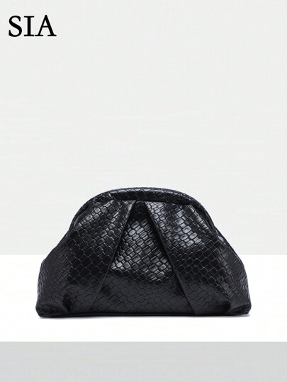 Women's Vintage Minimalist Beaded Sequin Tropical Plant Woven Embossed Angola Red Rivet Decor Large Capacity Pleated Cloud Clutch Handbag, Suitable For Parties, Outings, And Daily Wear