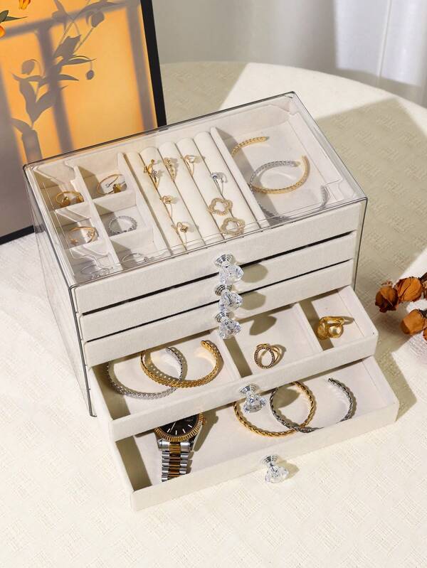 1pc 5-Layer Table Top Flocked Jewelry Box, Multi-Functional Stackable Drawers Transparent Jewelry Box, 5-Drawer Jewelry Organizer, Anti-Oxidation Jewelry Box For Earrings, Rings, Necklaces, Bracelets, Birthday & Anniversary Gift, Display Box Back To School