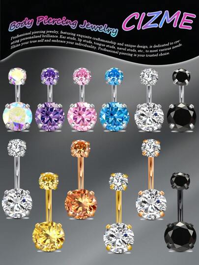 CIZME 1 件 14G 肚脐环不锈钢圆形方晶锆石肚脐杠铃耳钉身体穿孔，14G 肚脐环不锈钢圆形方晶锆石肚脐杠铃肚脐环女士 6/8/10/12 毫米
