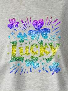 Camiseta de mujer talla grande para el Día de San Patricio, con estampado de trébol, letras de la suerte y estrellas con lentejuelas, de manga corta y cuello redondo, estilo urbano para verano - Gris - Ver 3