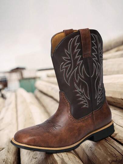 Men's Boots, Fashionable And Versatile Motorcycle Boots, Brown Boots, Western Boots, Horse Boots, High Cut, Midsole, White Line