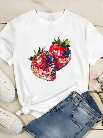 宽松草莓图案休闲圆领图案 T 恤