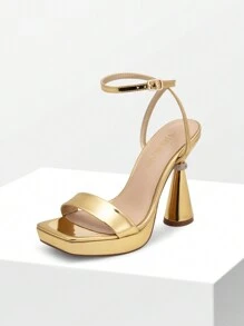 Women Platform High Heeled Sandals With 4.6-Inch Inverted Cone Heel Sexy Square Open Toe Ankle Strap Dress Heels Y2K Style - Vàng - Xem 4