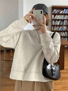 Women's Solid Color Drop Shoulder Long Sleeve Round Neck Loose & Comfy Sweatshirt