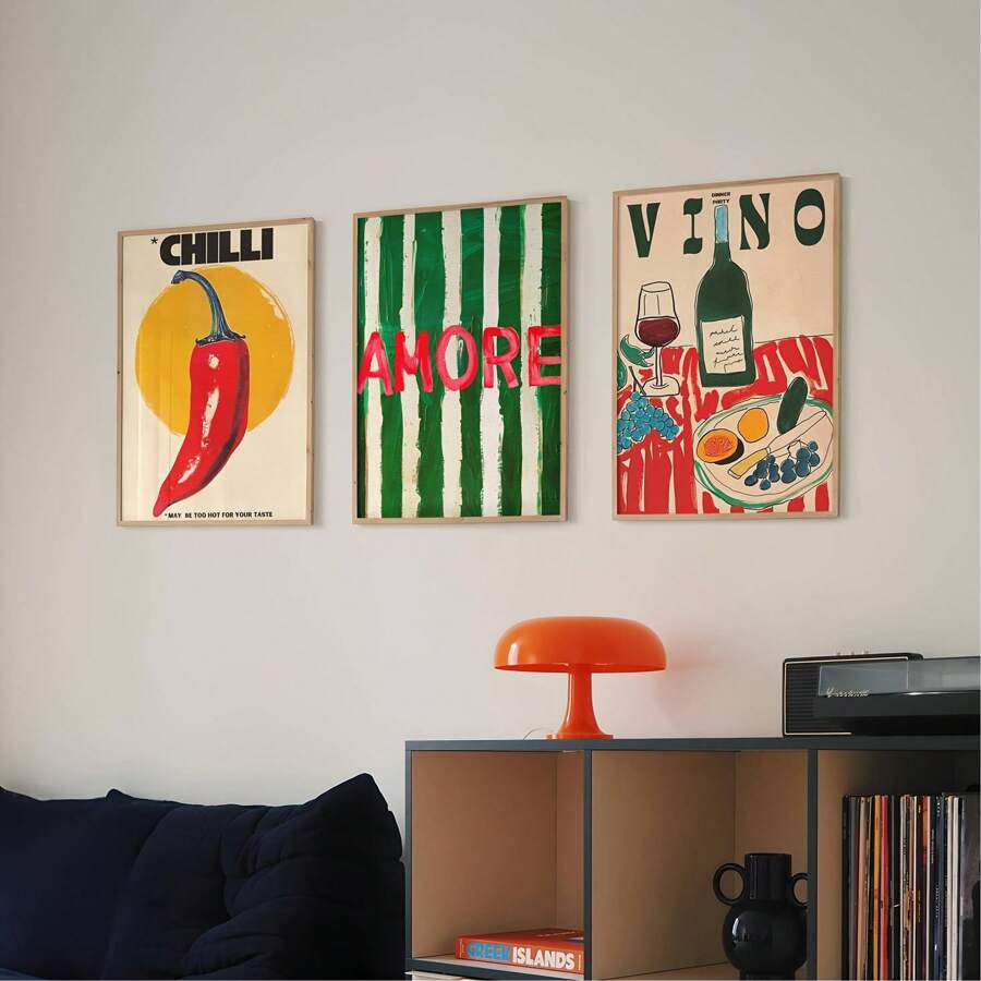 Set di 3 quadri su tela d'arredo da parete in stile vintage con tema "Amore" - stampe di bicchiere di vino e peperoncino per decorare moderni soggiorni, camere da letto e cucine - cartellone minimalisti senza cornice, idea regalo perfetta