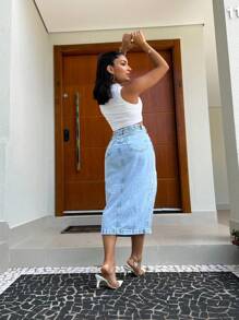 Midi Denim Skirt With Slit Women's Long Midi Skirt High Waist Slit Design One-Sided Thigh Split - 淺色水洗藍 - 查看 4