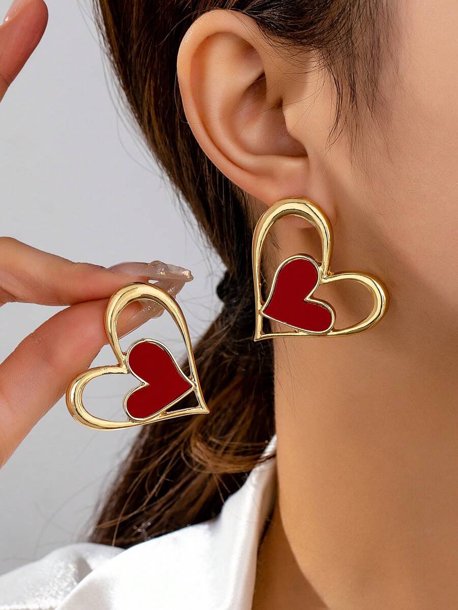 1 Pair Minimalist Fashion Leopard Print Hollow Heart Stud Earrings, Chic & Versatile - Red - View 1