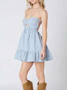 Women Twisted Tube Dress Ruched Cut Out Backless Sleeveless Double Pockets Flowy Ruffled Dresses - Baby Blue - View 2