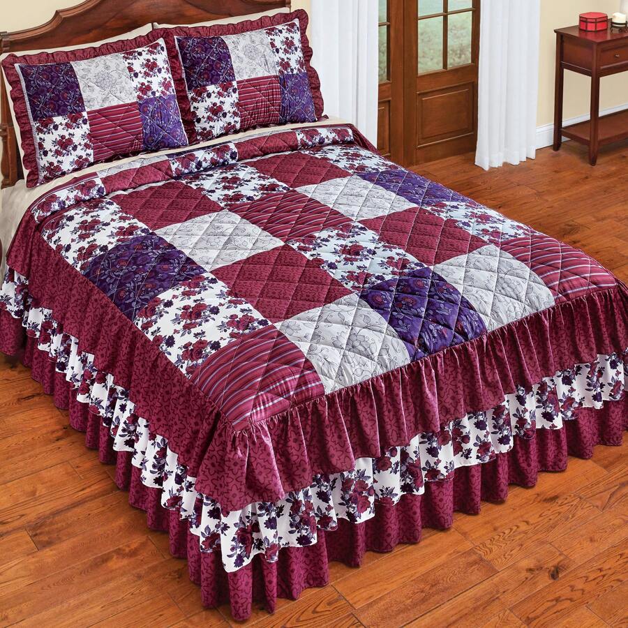 Patchwork Style Quilted And 3-Tier Ruffled Bedspread - Red - View 1