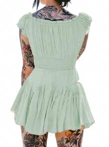 Women Flowy Pirate Dress Fairy Short Sleeve Y2k Off Shoulder Ruffle Corset Mini Dresses - 綠色 - 查看 7
