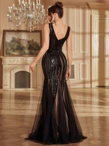 Đầm dạ hội đuôi cá màu đen đính sequin, dáng suông, thời trang, thanh lịch dành cho nữ, thích hợp dự tiệc cưới, tiệc trang trọng, dạ hội, nghỉ xuân. - màu đen - Xem 2