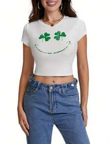 Womenacute;S Easter Crop Tee Cartoon BunnyEgg Print Short Sleeve Round Neck Slim Crop Tops