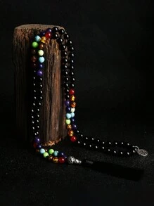 Japamala 108 Beads Natural Stone Black Agate & 7 Chakra Mala Necklace Spiritual Meditation Yoga Jewelry For Women ,Negativity Repellent,Boosts Confidence