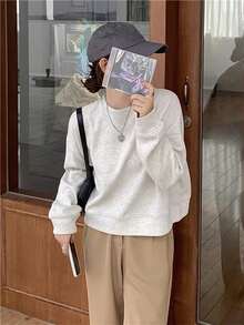 Women's Solid Color Drop Shoulder Long Sleeve Round Neck Loose & Comfy Sweatshirt