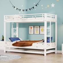 LITZEE Bunk Bed 90*200 Cm, Iron Frame Bed, Children's Bed, Equipped With A Trundle Bed, High Guardrails, EN747 Certified, Robust Construction, White