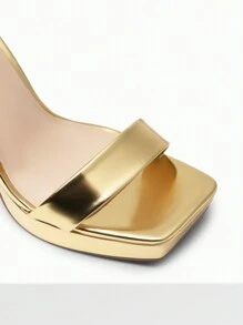 Women Platform High Heeled Sandals With 4.6-Inch Inverted Cone Heel Sexy Square Open Toe Ankle Strap Dress Heels Y2K Style - Vàng - Xem 9