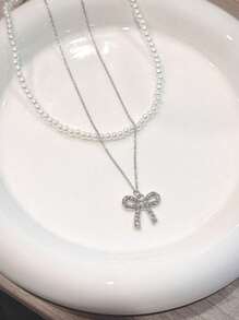 1pc Exquisite Double Layer Rhinestone Bowknot Faux Pearl Necklace, Elegant Delicate Choker & Clavicle Chain Accessory For Women