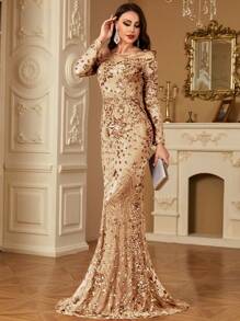 hezixi 优雅派对亮片鱼尾连衣裙，婚礼宾客礼服，正式礼服，晚礼服，春假长裙 - 香檳色 - 查看 6