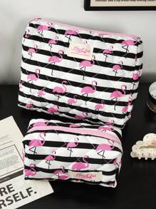 1pc Beautiful Black And White Striped Pink Flamingoquilted Makeup Bag.Valentines Travel Make Up Bag, Multifunctional Cosmetics Bag.Handheld Bathroom Wash Bag, Jewelry Storage Bag, Perfume Skin Care Storage Bag, Brush Bag, Sanitary Napkin Bag - Black and White - View 5