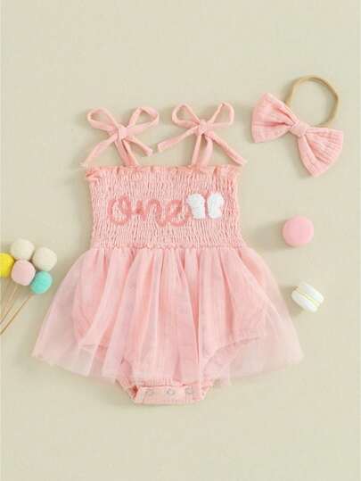 Baby Girl Birthday Outfit, Sleeveless Letters Tie-Up Romper Dress With Bow Hairband Summer Clothes
