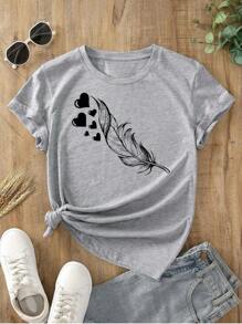 Women's T-Shirt Blouse With Feather Print 100% Cotton - Grey - View 1