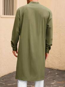 Men's Long Sleeve Button Down Cotton Linen Kaftan Robe Thobe Perfect For Casual Muslim Gown Henley Shirt - Army Green - View 3