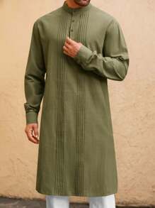 Men's Long Sleeve Button Down Cotton Linen Kaftan Robe Thobe Perfect For Casual Muslim Gown Henley Shirt - Army Green - View 1