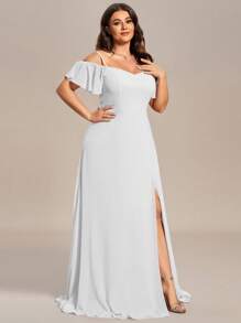 Romantisches Chiffon-Kleid mit Off-Shoulder, bodenlang, hohem Schlitz, ideal für Junggesellinnenabschied, Bridal-Shower, Hochzeit, Brautkleid, Cocktailkleid, Verlobungskleid in Große Größen