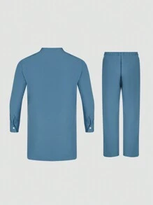 2 件套加大码优雅蓝色 Dashiki 男士套装，刺绣、撞色、长袖、松紧腰裤、非洲服装、休闲衬衫和裤子两件套西装，新品上市，适合派对、约会、日常穿着、文化活动、传统仪式