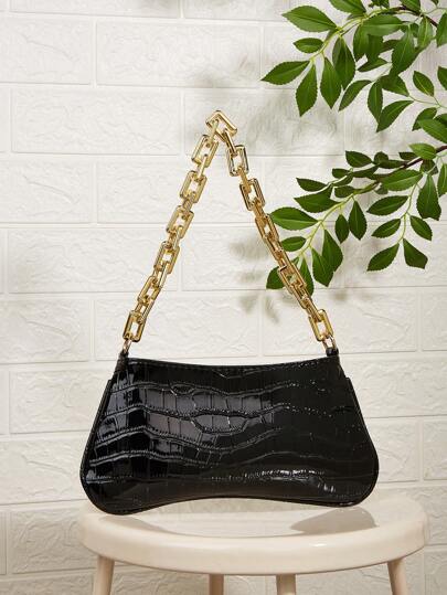 حقيبة ساتان بشكل مستطيل أصفر فلورسنت مزخرفة بسلسلة أكريليك ذهبية ذات جلد أفعى براق