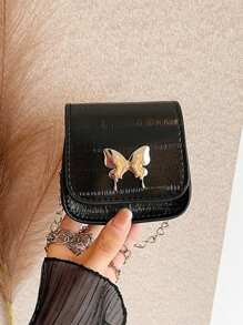 1pc High-Grade Eel Pattern Bow Chain Shoulder Crossbody Mini Saddle Bag Fashionable And Versatile Lipstick Bag Coin Purse, Chain Crossbody Bag With Butterfly Decoration, Fashionable And Versatile Square Bag Shaped Lipstick Bag, Suitable For Girls' Daily Use, Attending Parties, Sweet And Cute Shoulder Crossbody Bag - Butterfly Chain Bag - View 4