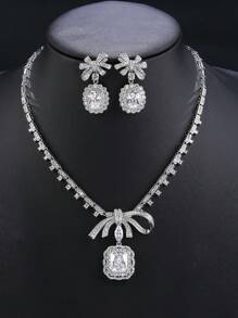 1 Conjunto de 3 piezas de joyería de lujo con diseño de lazo con circonita cúbica, collar y pendientes adecuados para fiesta de noche, accesorio de collar personalizado a juego con vestido de noche, boda, día de San Valentín, regalo para mamá, Día de la Madre