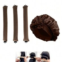Juego de 4 piezas para el cuidado del cabello rizado: 1 gorro de satén ajustable con cordón - apto para mujeres y hombres, protege el cabello contra el encrespamiento y la rotura; 3 rizadores de cabello sin calor, palitos de peinado DIY aptos para todo tipo de cabello