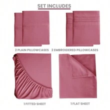 LUX DECOR 6-Piece Embroidered Bed Sheet Set – Brushed Microfiber, Deep Pocket, Lightweight & Breathable – Graduation Gifts, Home Decor, Sleep Protection For Dorms, Student Beds, Back‑To‑School Gift, Soft Bed Linens, Comfortable Sleep, Luxury Bed Set, Valentine's Day Bedroom, Spring Bedding Refresh, Guest Room Essentials, Dorm Room Bedding, Premium Bed Linens, Easy Care Sheets, Hypoallergenic Fabric, Year-Round Comfort, Master Bedroom Update, Matching Bedding Set, Hotel Quality Linens - 酒紅色 - 查看 3