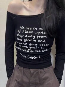 Women's Off Shoulder Letter Print T-Shirt, Slim Fit Stretchy Tee For Early Autumn