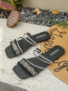 Cross-Border Trade Plus Size 35-43 Summer New Open Toe Black Silver Rhinestone Women Flat Slippers, European And American Fashion Square Toe Beach Soft Bottom Ladies Flat Sandals