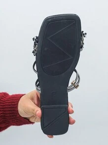 Cross-Border Trade Plus Size 35-43 Summer New Open Toe Black Silver Rhinestone Women Flat Slippers, European And American Fashion Square Toe Beach Soft Bottom Ladies Flat Sandals