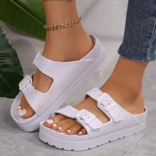 Women's Comfort  Stylish Solid Color Sandals Double Adjustable Buckle Bands Lightweight Beach Slides - 白色 - 查看 6
